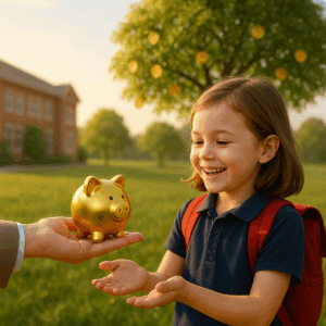 Ein lächelndes Kind mit Rucksack erhält aus der Hand eines Erwachsenen ein goldenes Sparschwein, das die Frühstartrente staatliche Förderung für Kinder symbolisiert, an einem sonnigen Tag im Freien, mit einem Baum und einem Gebäude im Hintergrund.